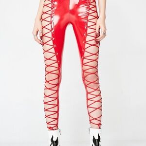 Dolls Kill Red Lace-Up Vinyl Leggings